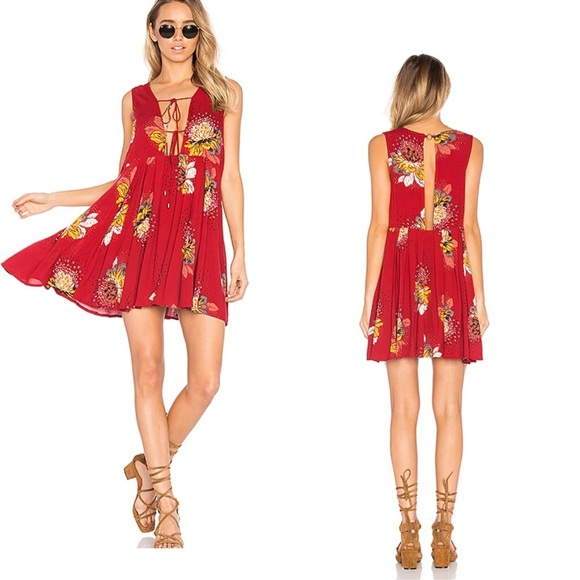 FREE PEOPLE Boho Lovely Day Red Floral Sleeveless Tie Front Dress - Picture 16 of 16